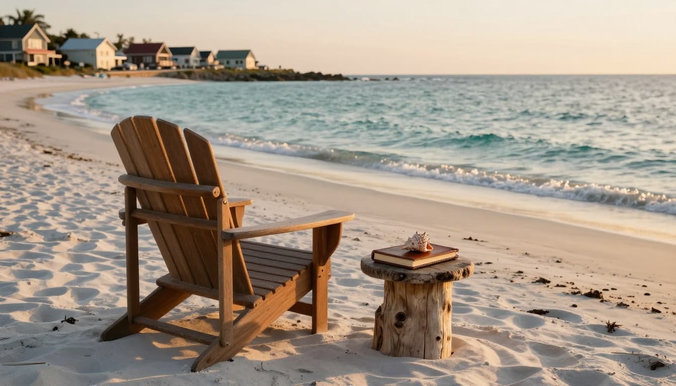 A serene beach scene at golden hour sunset with an empty wooden Adirondack chair on soft white sand facing calm turquoise ocean waves, a journal and seashell on a driftwood table nearby, and colorful cottages in the distant background.