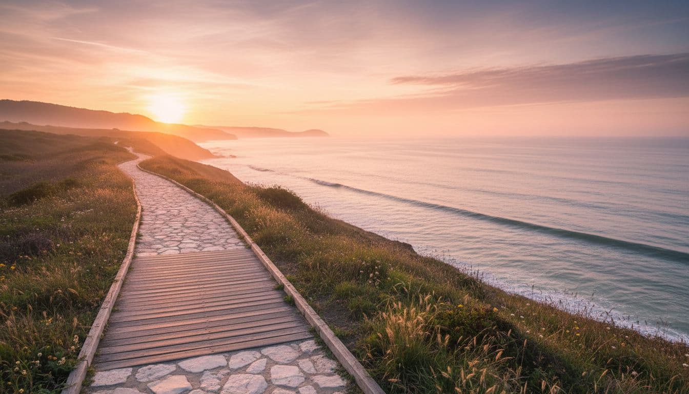 An empty dirt trail winds alongside a calm ocean under a soft golden sunrise. Gentle waves lap against the sandy shore as warm morning light illuminates the quiet coastal landscape.