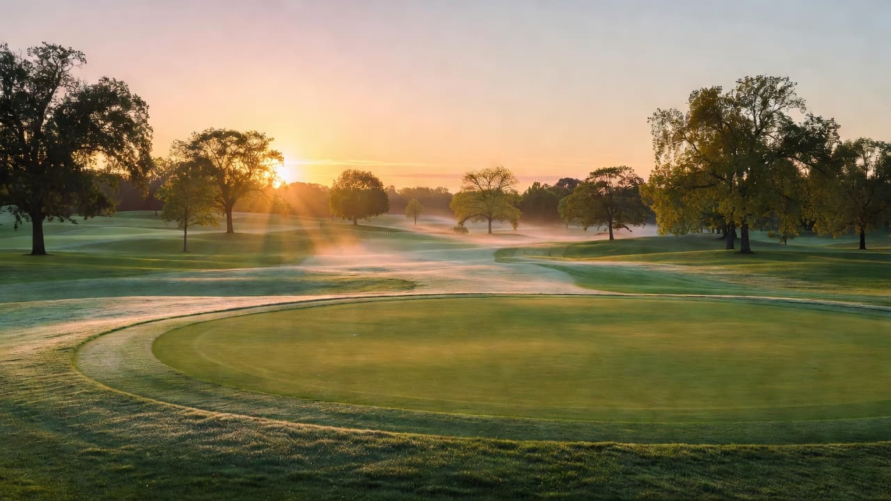 Golden morning sunlight illuminates the lush, manicured grass of a vast golf course. Soft shadows stretch across the pristine fairways, creating a peaceful and inviting landscape before the day begins.