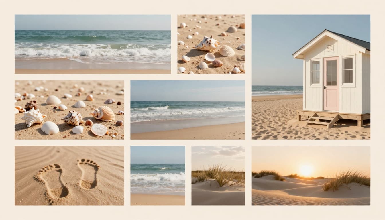 A mood board style collage of hyperrealistic photos in soft pastel beach colors, featuring gentle ocean waves, seashells on sand, cozy beach cottage, footprints in wet sand, and golden hour dunes, arranged in an artistic grid on a light sandy beige background.