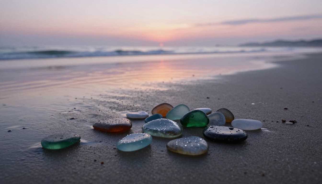 Hyperrealistic, photorealistic cinematic scene of sea glass collected on a calm beach at dawn, with soft pastel colors in the sky reflecting on wet sand and scattered smooth colorful glass pieces glistening with dew.