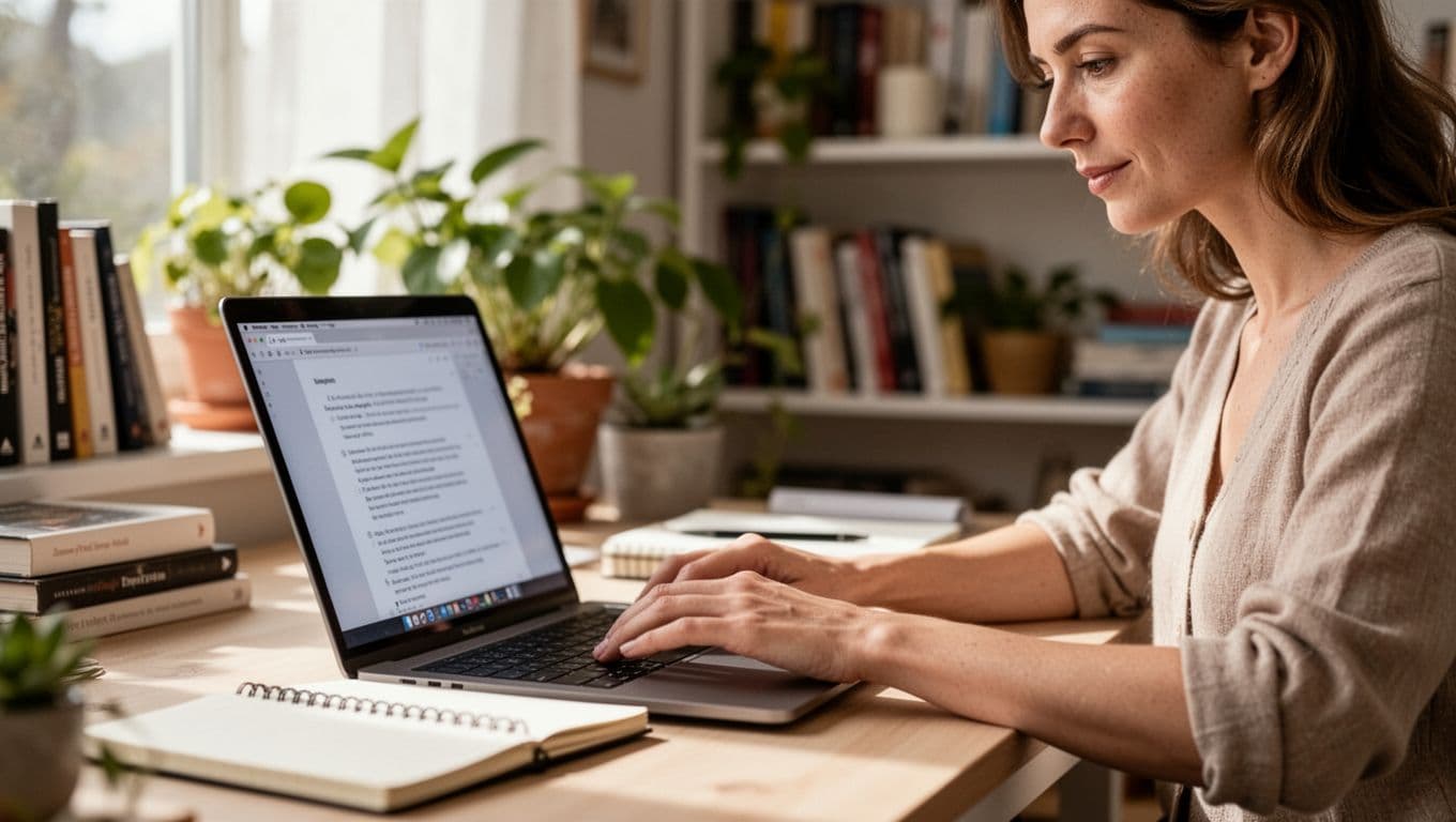 Hyperrealistic close-up of a woman in her 30s seated at a writing desk in a bright study, fingers lightly on an open laptop keyboard with blurred text screen, notebook nearby, serene focused expression, books and plants in background, natural daylight.