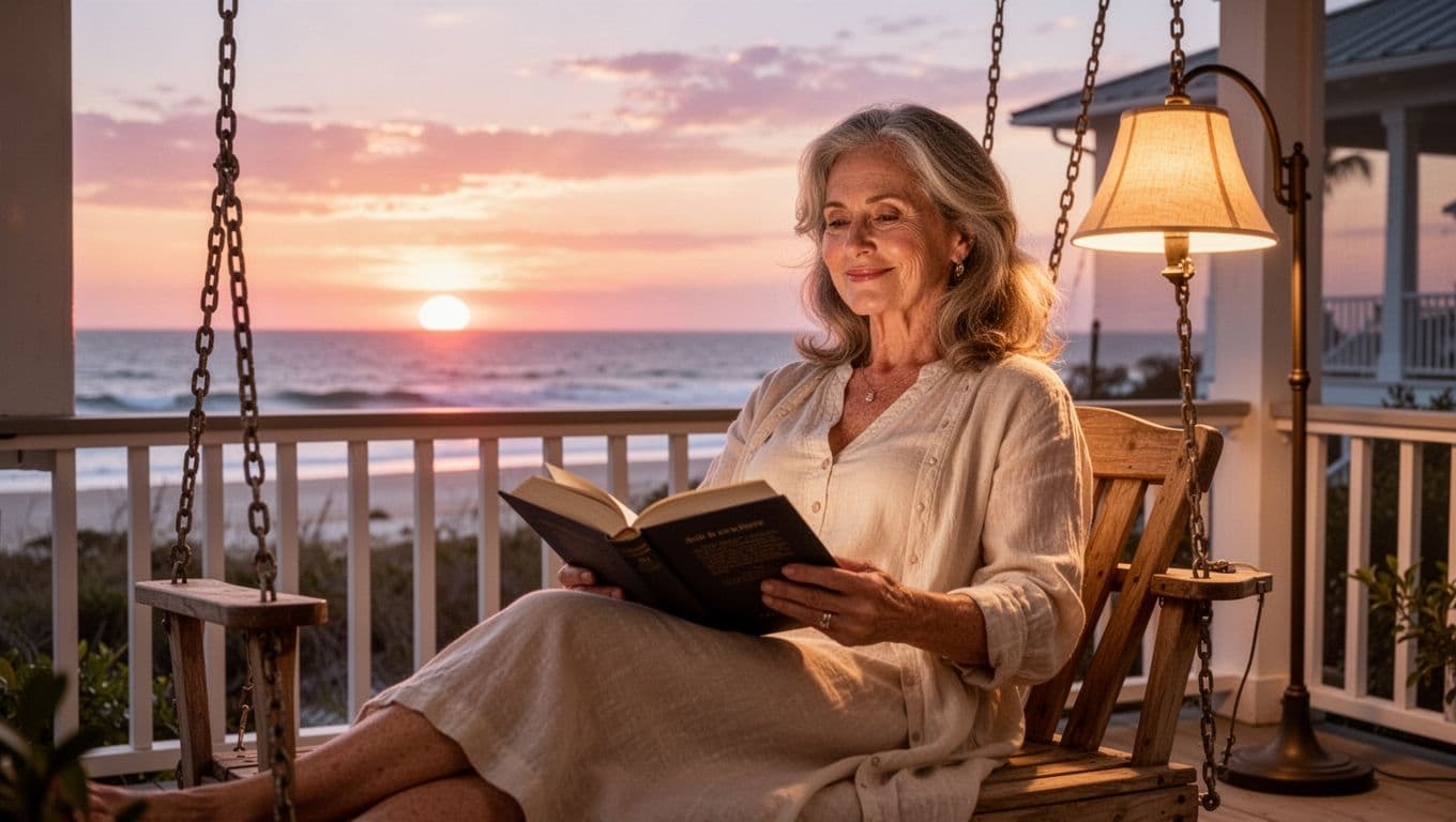 Hyperrealistic photorealistic image of a middle-aged woman relaxing peacefully on a porch swing with an open book on her lap, blended sunset and cozy lamp lighting creating varied moods, coastal background, landscape aspect ratio.