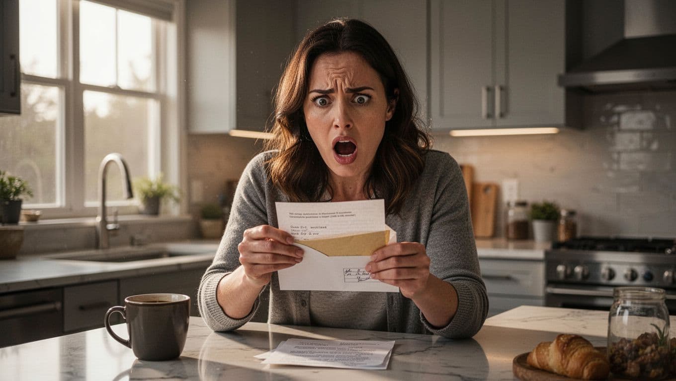 Hyperrealistic cinematic scene of a single woman in her 30s in a modern kitchen, opening an envelope with a shocked yet determined expression as if uncovering a family secret. Morning light streams through the window onto the countertop with a coffee cup, focusing on her face and the letter in a tense mood.