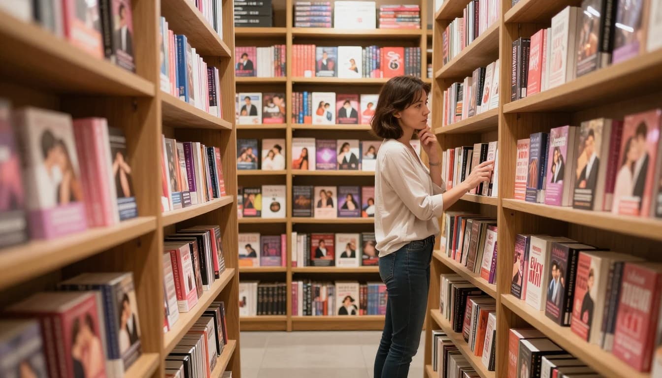 Hyperrealistic cinematic image of a mid-30s woman with short hair in casual attire, thoughtfully browsing colorful romance novels on tall wooden shelves in a modern bookstore aisle, displaying a skeptical expression amid market saturation mood.