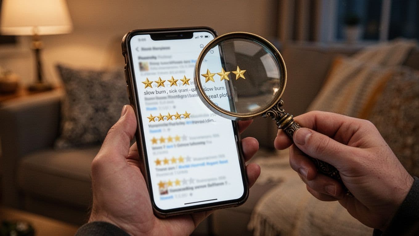 Hyperrealistic image of a smartphone held in one hand displaying a book review page with prominent 4- and 5-star ratings, while the other hand hovers a large antique magnifying glass over the stars and blurred review snippets like 'slow burn' or 'great plot', against a cozy blurred couch in natural evening light.