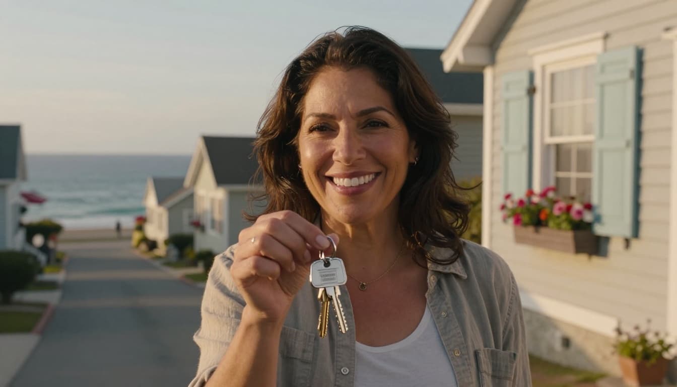 A hyperrealistic image of a smiling woman in her mid-40s holding shiny new house keys in front of a cozy coastal cottage with pastel shutters and flower boxes, during golden hour light.