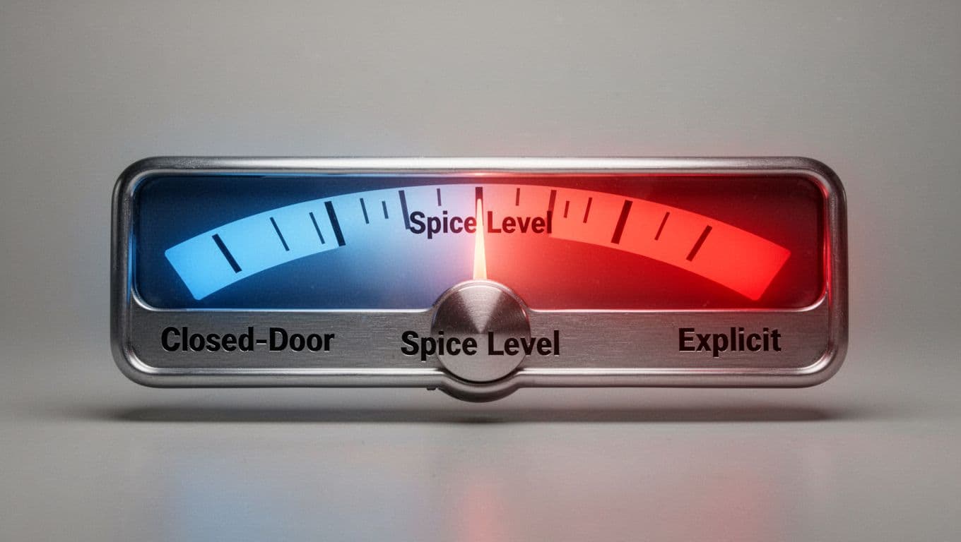 Hyperrealistic photorealistic image of a metallic meter gauge transitioning from cool blue 'Closed-Door' to hot red 'Explicit', with needle at midway 'Spice Level'. Neutral gradient background, subtle glow, studio lighting, sharp focus.
