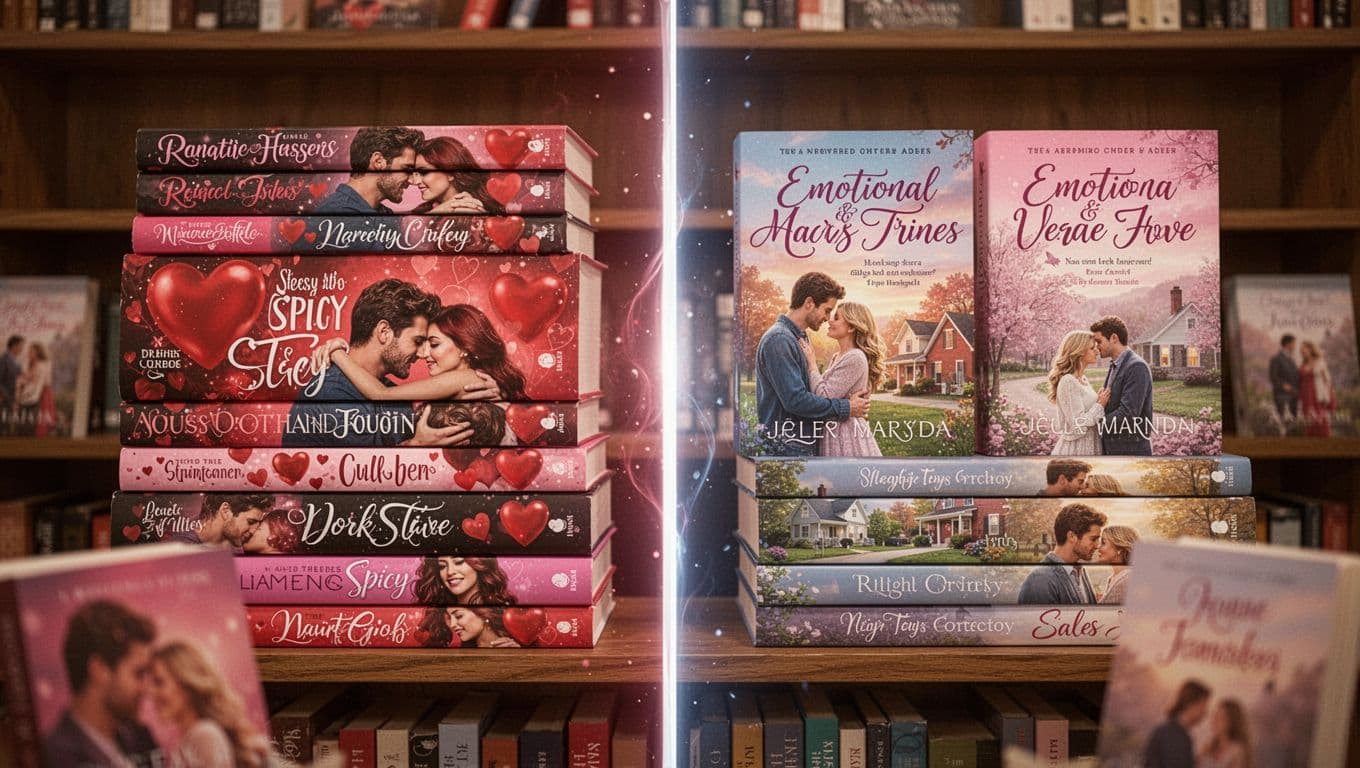 Hyperrealistic photo of a wooden bookshelf split down the middle: left with vibrant spicy romance covers featuring hearts and steamy themes, right with softer emotional story-driven covers of cozy couples and small towns, subtle glowing divide, warm library lighting.