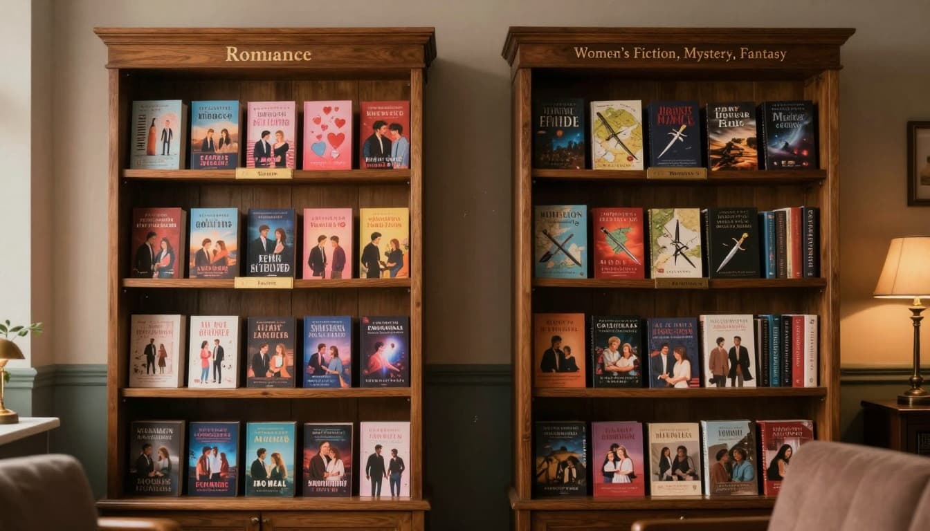 Photorealistic cinematic photo of a tall wooden bookshelf divided into Romance on the left and Women’s Fiction, Mystery, Fantasy on the right, with colorful book covers, soft library lighting, and a cozy atmosphere.