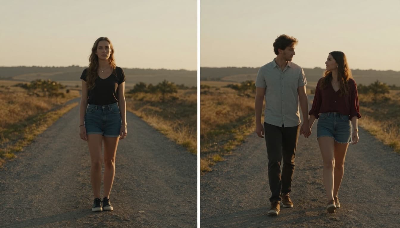 Hyperrealistic cinematic split-image: left side shows a woman standing alone on a path symbolizing self-discovery, right side depicts a couple holding hands walking together, in golden hour lighting within a natural outdoor setting.