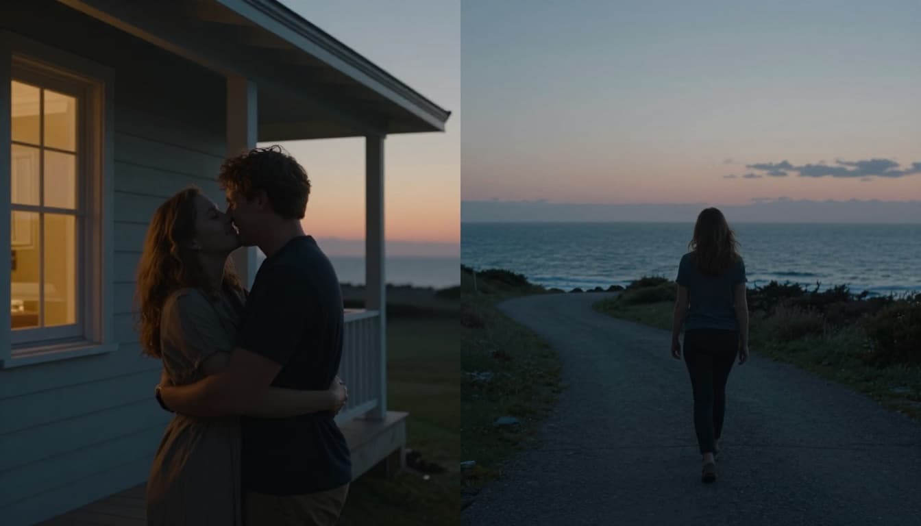 Hyperrealistic split-screen composition with a joyful couple embracing on a sunset porch symbolizing romance on the left, and a confident woman walking a coastal path at dawn symbolizing personal growth on the right.