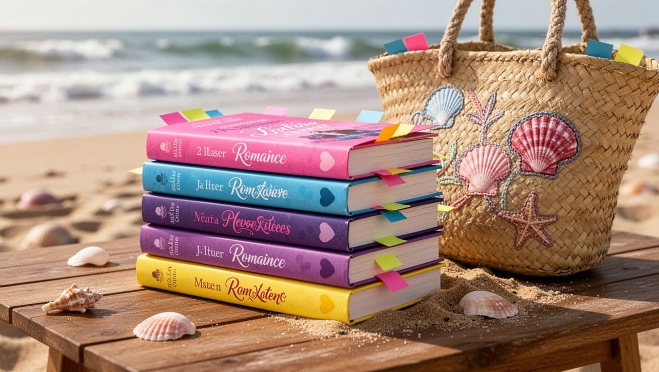Hyperrealistic image of a neat stack of five colorful paperback romance novels on a wooden table beside a straw beach tote bag spilling sand, set against a blurred sandy beach with ocean waves under sunny afternoon light.