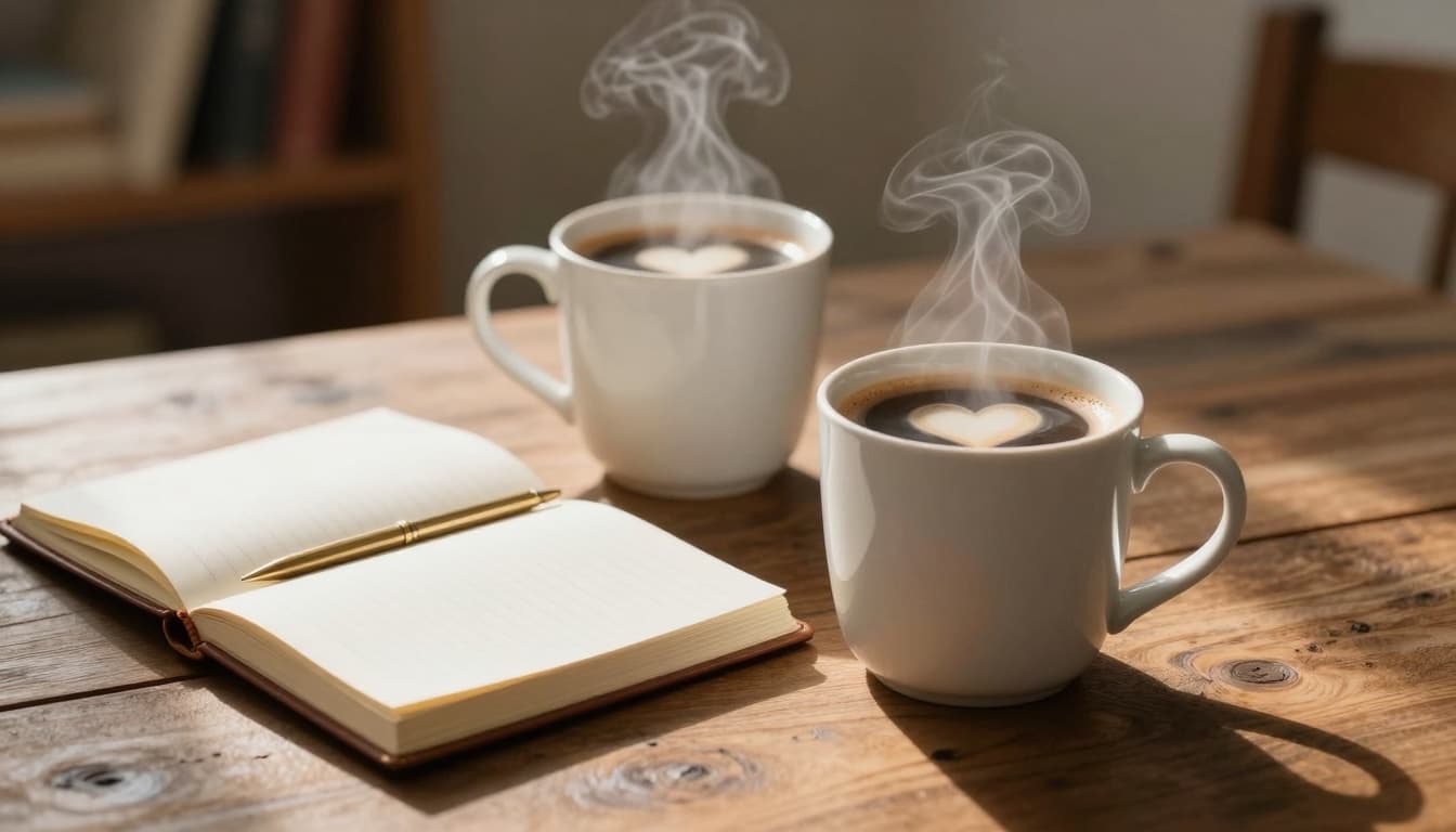 Hyperrealistic still life of two white ceramic coffee mugs steaming with hot coffee on a rustic wooden table, beside an open leather-bound journal with a gold pen. Soft morning sunlight casts warm shadows, with subtle hearts in the coffee foam evoking love and reflection.