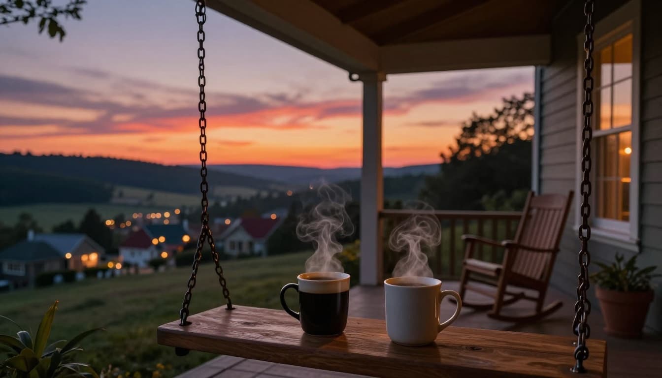 Hyperrealistic cinematic landscape of two steaming mugs of coffee on a wooden porch swing at sunset, with a cozy wraparound porch overlooking a peaceful valley, rolling hills, and twinkling town lights.