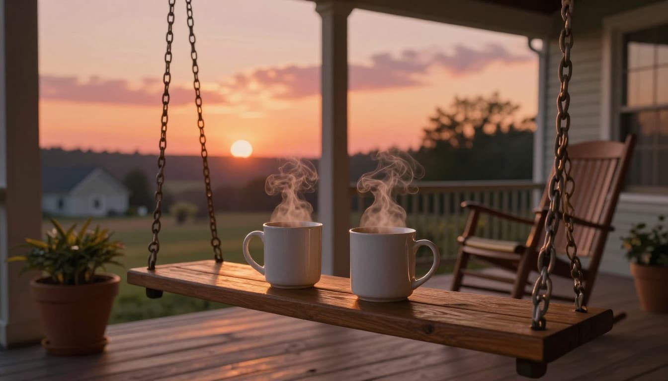 Two steaming hot mugs of coffee or tea sit side by side on a wooden porch swing at sunset in a small town home, surrounded by a cozy porch with potted plants and a rocking chair under a soft orange-pink sky with warm golden light.