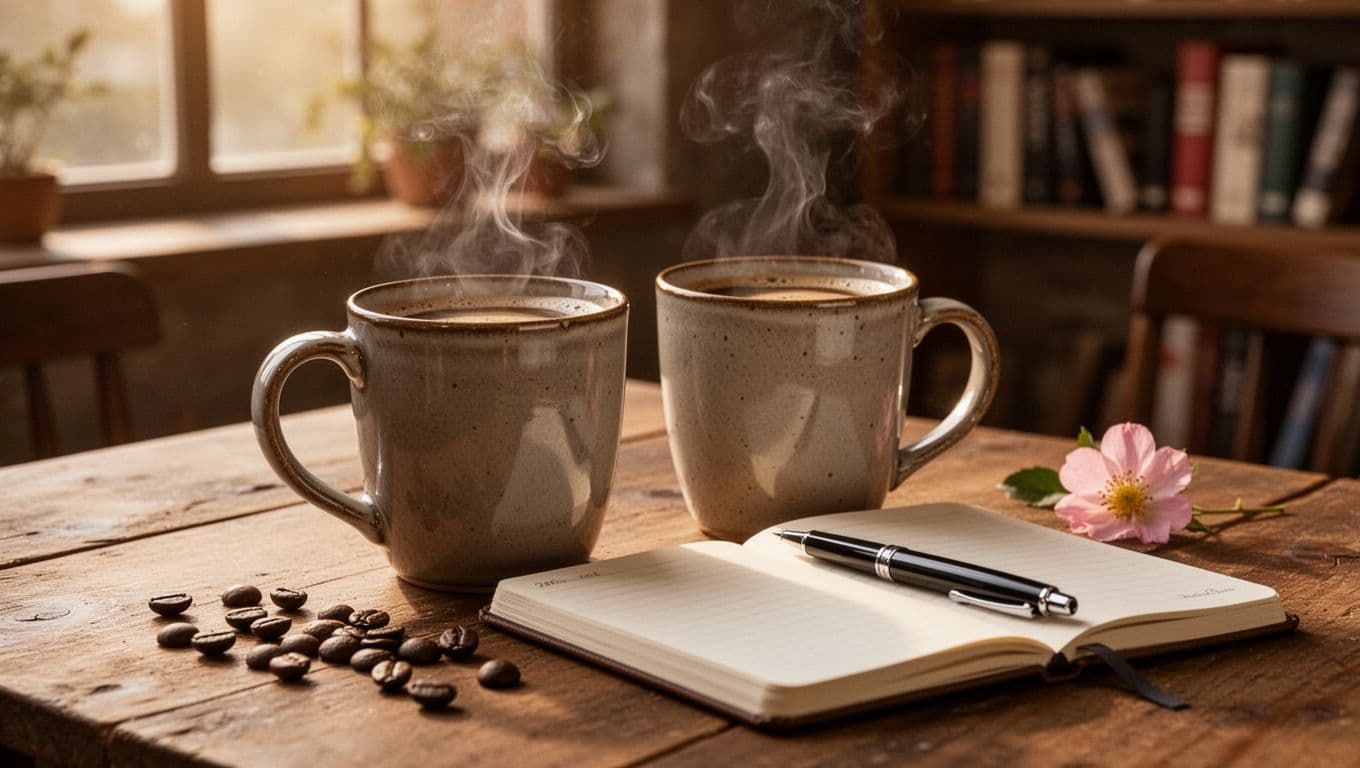 Hyperrealistic close-up of two steaming coffee mugs on a wooden table in a cozy morning cafe setting, next to an open notebook with a pen, soft steam rising in warm earthy tones.