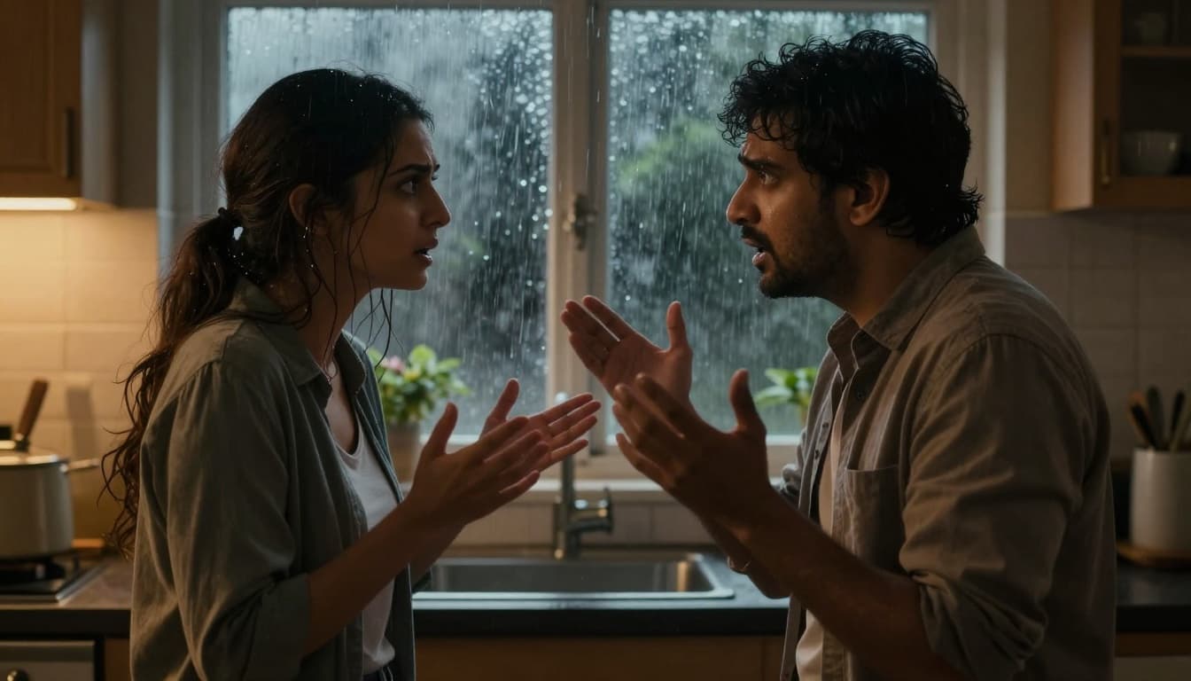 Hyperrealistic, photorealistic cinematic image of a tense couple arguing passionately in a kitchen during a storm, with rain lashing the windows, emotional expressions of conflict and attraction, warm interior light contrasting the stormy background.