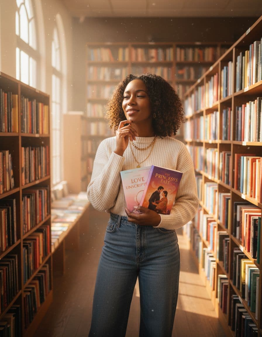 A stylish Black woman in her 30s stands in a sunlit bookstore aisle, holding two romance books and pondering her choice with a thoughtful smile. Bookshelves filled with colorful spines surround her, with soft natural light highlighting dust motes.