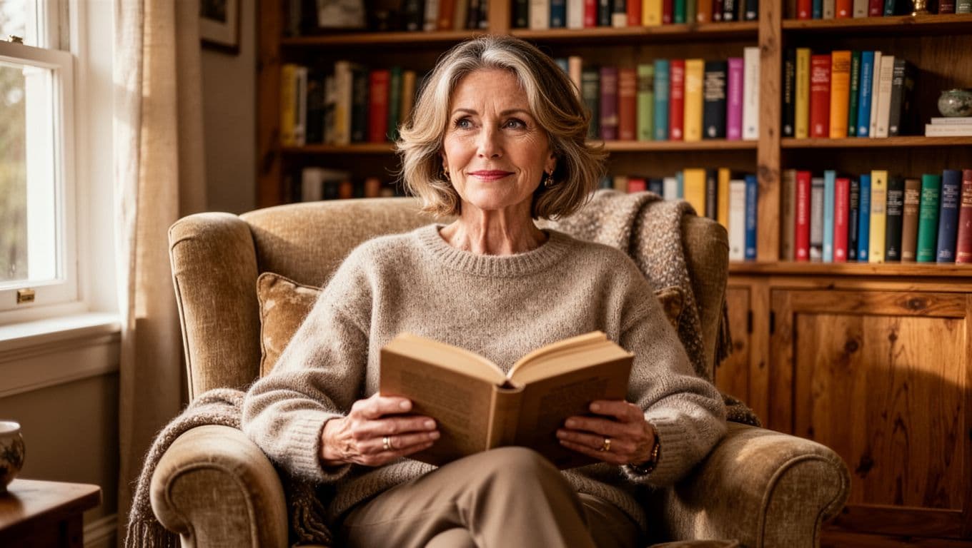 Hyperrealistic cinematic image of a stylish middle-aged woman sitting comfortably in a cozy living room armchair, holding an open book with a thoughtful smile, illuminated by soft natural window light, with wooden bookshelves filled with books in the background.