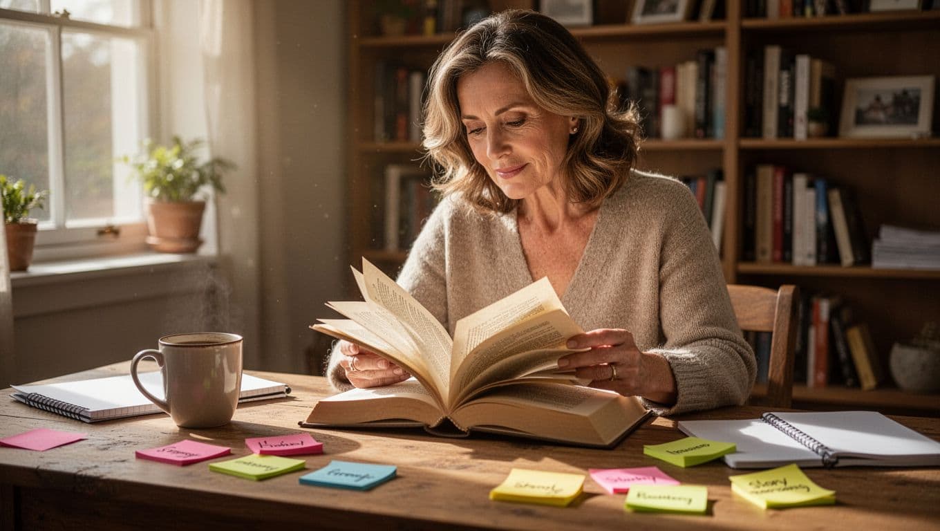 Hyperrealistic cinematic image of a stylish woman in her 40s sitting at a sunlit wooden desk in a cozy home office, thoughtfully examining an open novel with pages turning slightly, surrounded by a coffee mug, notebook, and scattered sticky notes, with soft natural light and blurred bookshelves in the background.