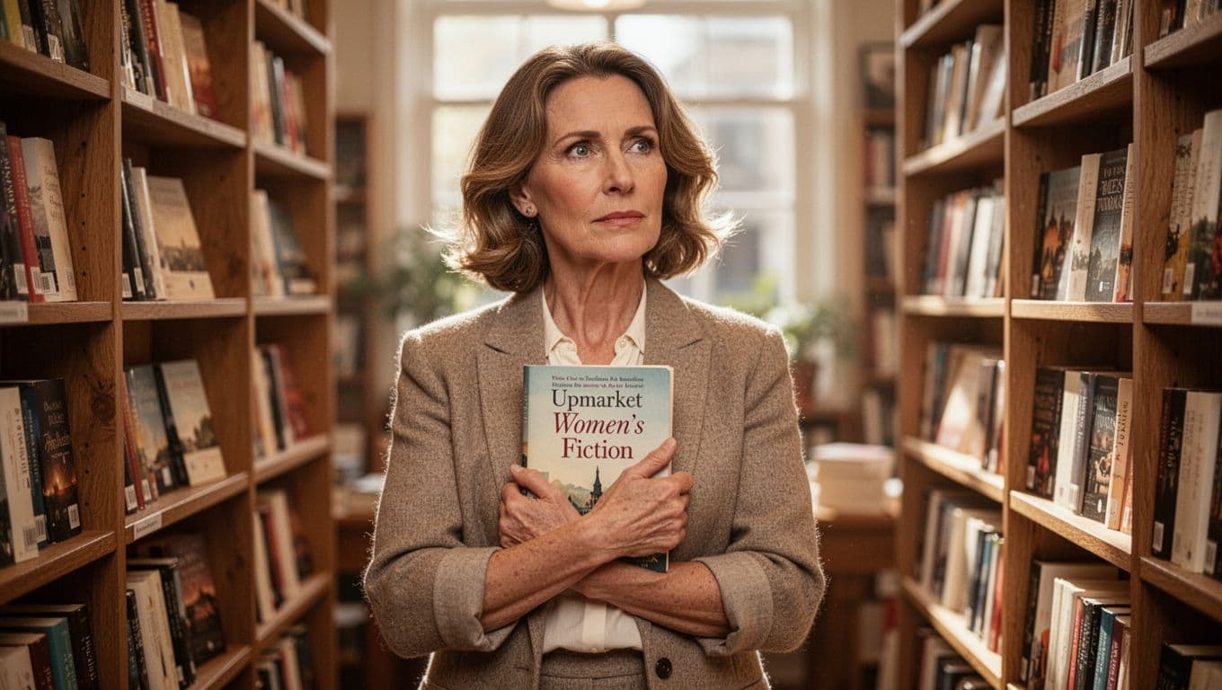 Hyperrealistic, photorealistic image of a stylish woman in her 40s standing in a cozy sunlit bookstore aisle, holding a single book close to her chest with a thoughtful, discerning expression.
