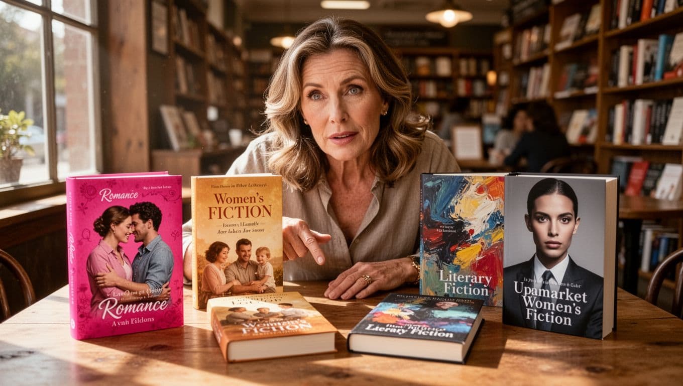 Hyperrealistic cinematic landscape of a stylish woman in her 40s at a wooden cafe table in a sunlit bookstore, pointing curiously at four distinct books: romance with embracing couple, women's fiction with family scene, literary fiction abstract, and upmarket women's fiction portrait. Soft natural light highlights the covers amid cozy blurred bookshelves.