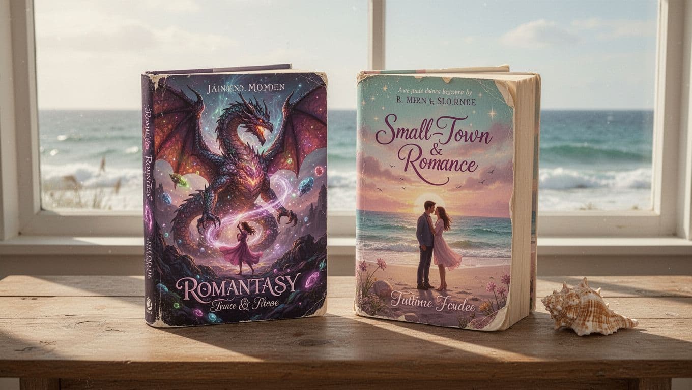 Hyperrealistic image of two paperback books side by side on a sunlit wooden surface near a coastal window with ocean view. Left book features vibrant fantasy cover with dragons and magic; right shows cozy romance with beach scene and couple silhouette, accompanied by a seashell.