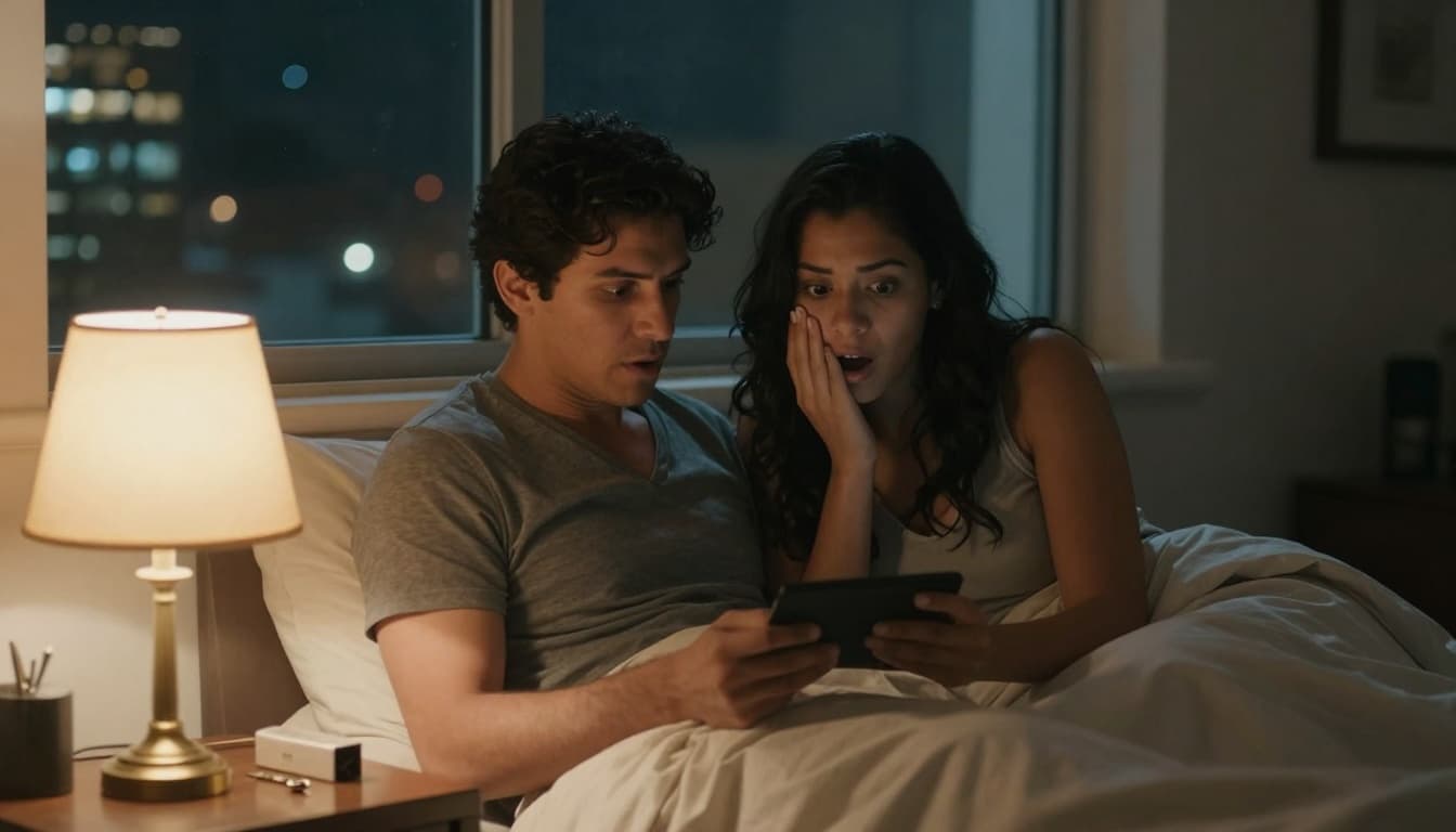 Hyperrealistic cinematic scene of a couple in a bedroom sharing a surprised intimate moment as they discover a key plot clue on the bedside table, with city lights outside the window and warm lamp light creating tension and romance.