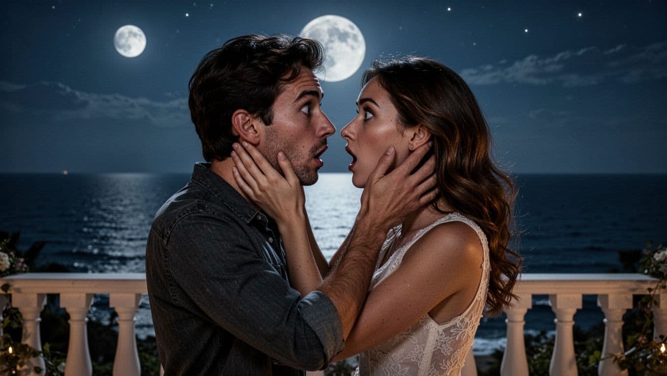 Hyperrealistic cinematic image of a couple pulling back from a kiss with wide eyes showing surprise and irreversible change, hands on each other's faces, on a moonlit balcony overlooking the sea at night, romantic yet tense mood.