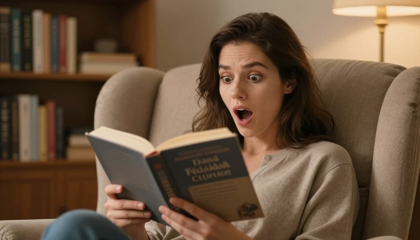 Hyperrealistic photorealistic image of a woman gasping in surprise at a plot reveal while holding an open romance novel in a cozy armchair, with golden lamp light and blurred bookshelf background.