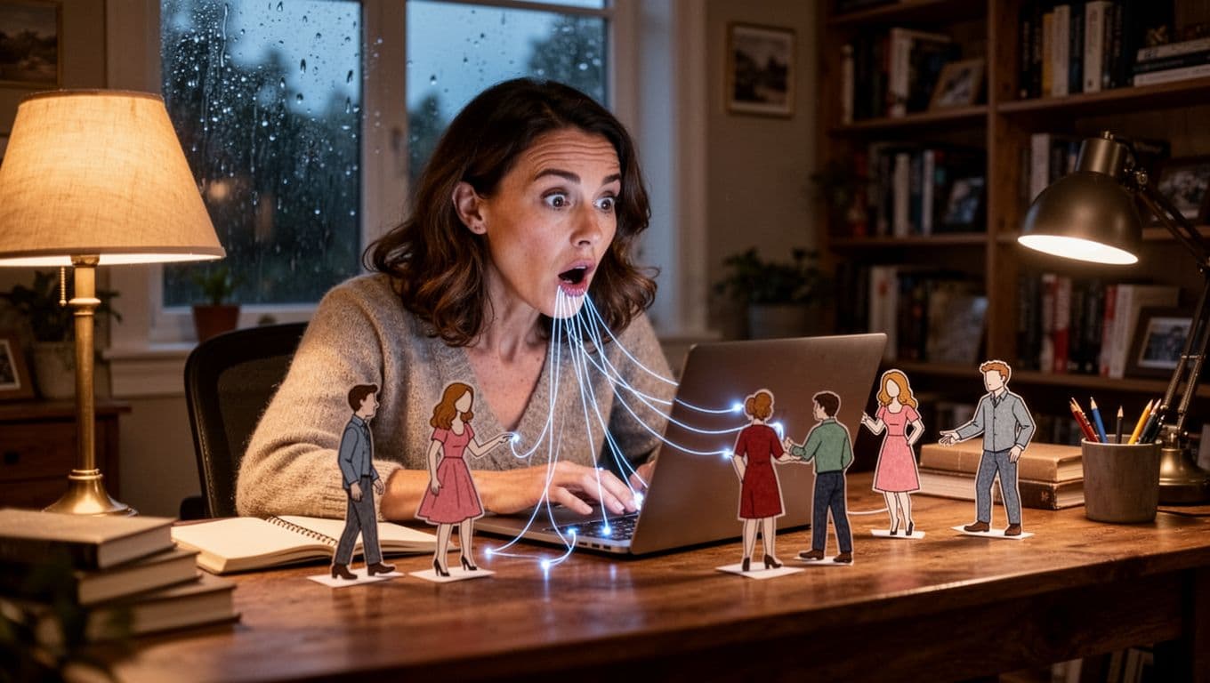 Hyperrealistic cinematic image of a mid-30s female writer in a cozy home office at dusk, looking surprised at her laptop screen as glowing puppet strings emerge from the keyboard to control paper cutout characters enacting romance tropes on the desk.