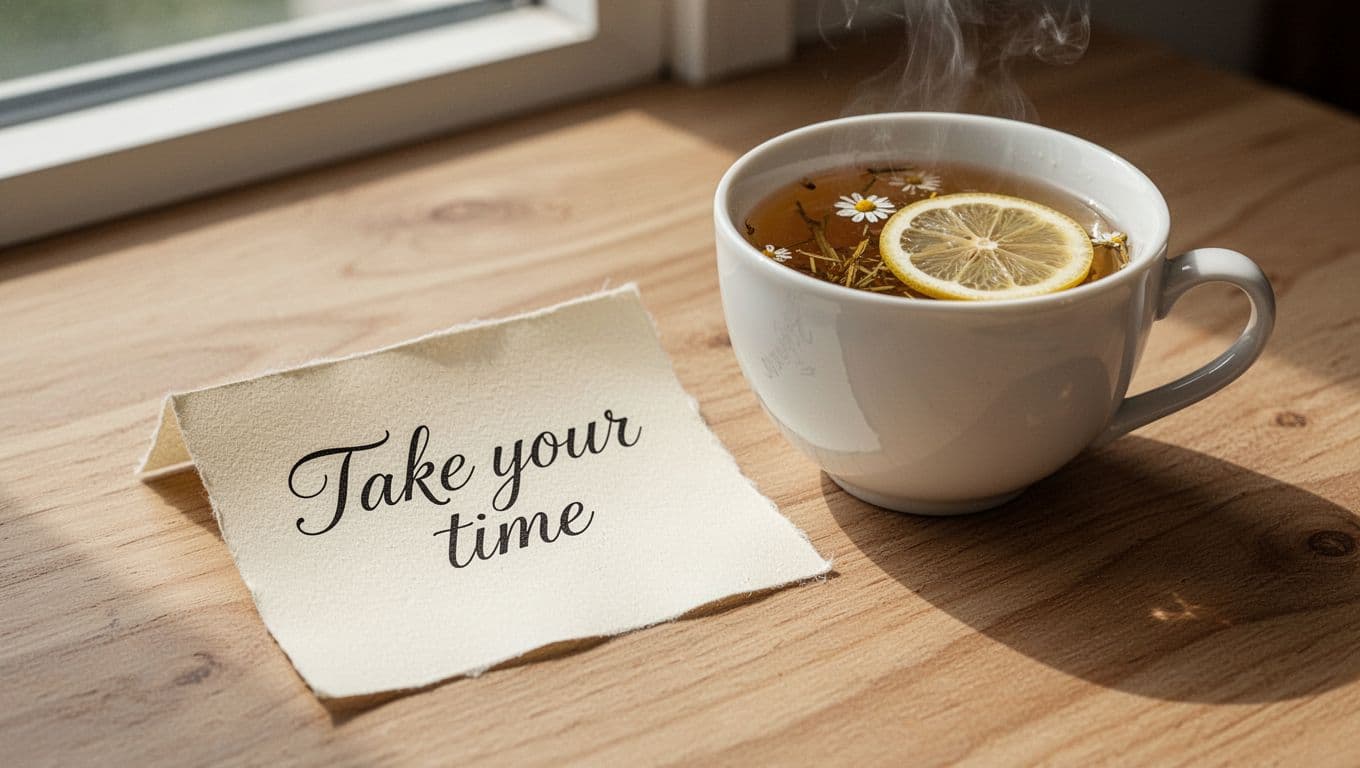 Hyperrealistic close-up still life of a delicate handwritten note saying 'Take your time' on cream paper beside a steaming white porcelain cup of chamomile tea garnished with a lemon slice, on a light oak wooden table with soft natural light.