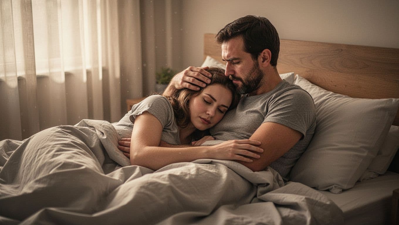 Hyperrealistic, photorealistic cinematic scene of a couple in aftercare post-intimacy, lying in bed cuddling, man stroking woman's hair reassuringly, soft morning light through curtains, expressions of emotional connection and trust.