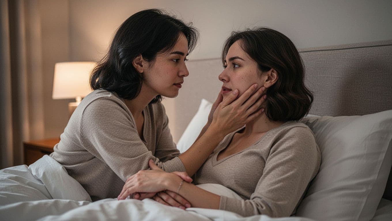 Hyperrealistic cinematic landscape of a couple in an intimate moment of vulnerability, one gently touching the other's face with tenderness under soft bedroom lighting, conveying trust and revelation.