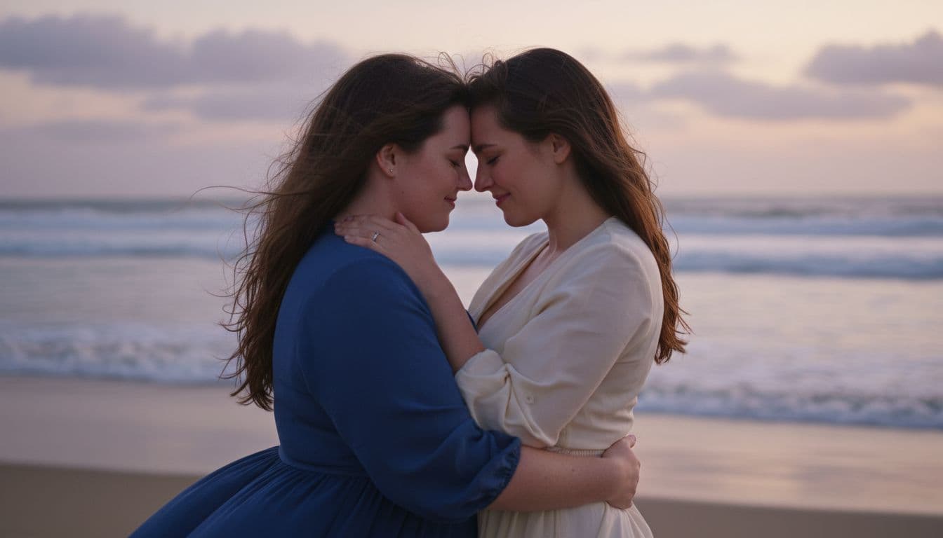 Hyperrealistic cinematic portrait of two women in a tender sapphic moment, one plus-size with soft curves gently embracing the other on a beach at dusk with ocean waves and soft purple sky.