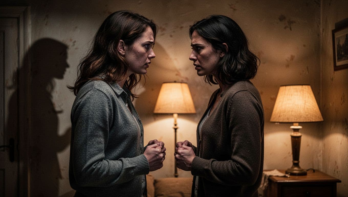 Hyperrealistic cinematic image of a tense couple standing close but not touching in a dimly lit room, faces showing fear and desire, clenched hands, shadows on walls, warm lamp light.