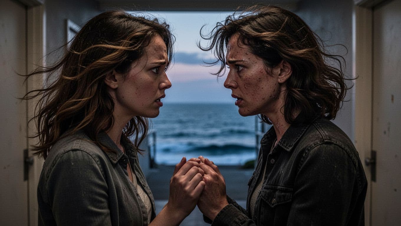 Hyperrealistic close-up of a couple standing intimately close in a dimly lit hallway, hands nearly touching with expressions of fear and hesitation, wind-tousled hair, blurred ocean view background.