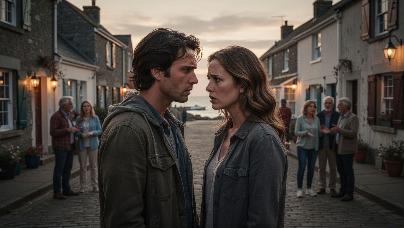 Hyperrealistic cinematic landscape of a couple standing close on a quaint small coastal town street at dusk, expressions mixing desire and worry with blurred gossiping onlookers in the background, moody golden lighting emphasizing risk and intimacy.
