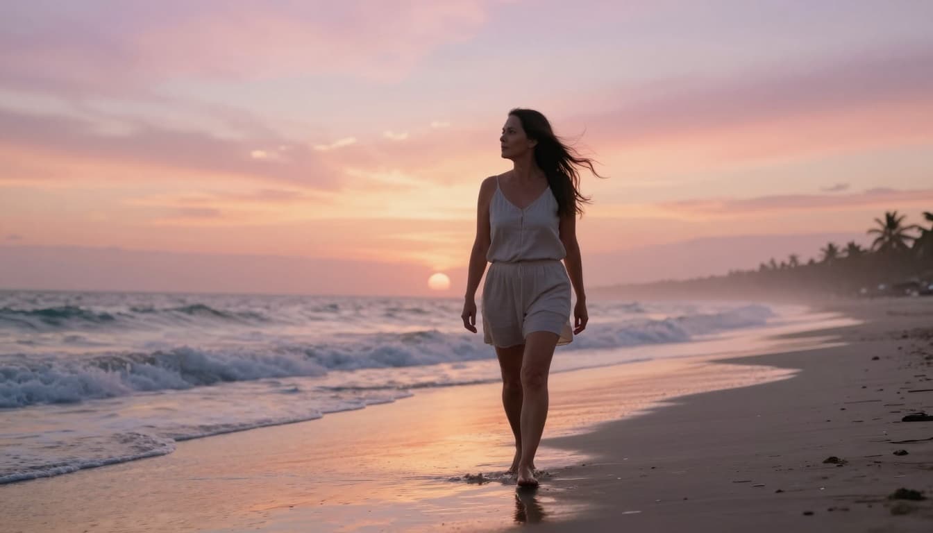 Hyperrealistic image of a middle-aged woman walking barefoot along a serene empty beach at sunrise, with gentle waves and colorful sky hues reflecting renewal.