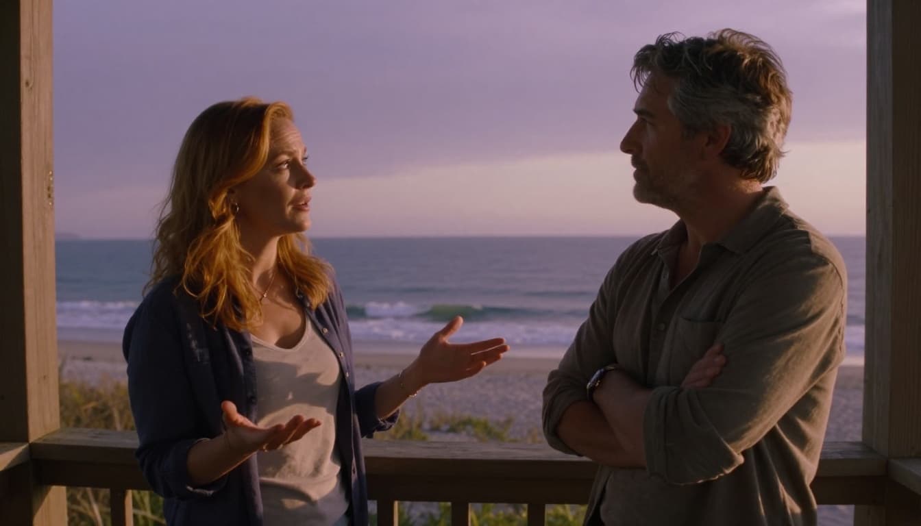 Hyperrealistic cinematic image of a mid-30s auburn-haired woman gesturing openly as if posing thoughtful questions, while a mid-40s salt-and-pepper-haired man listens intently with relaxed crossed arms, on a wooden porch overlooking a serene beach at sunset with purple skies and gentle waves.