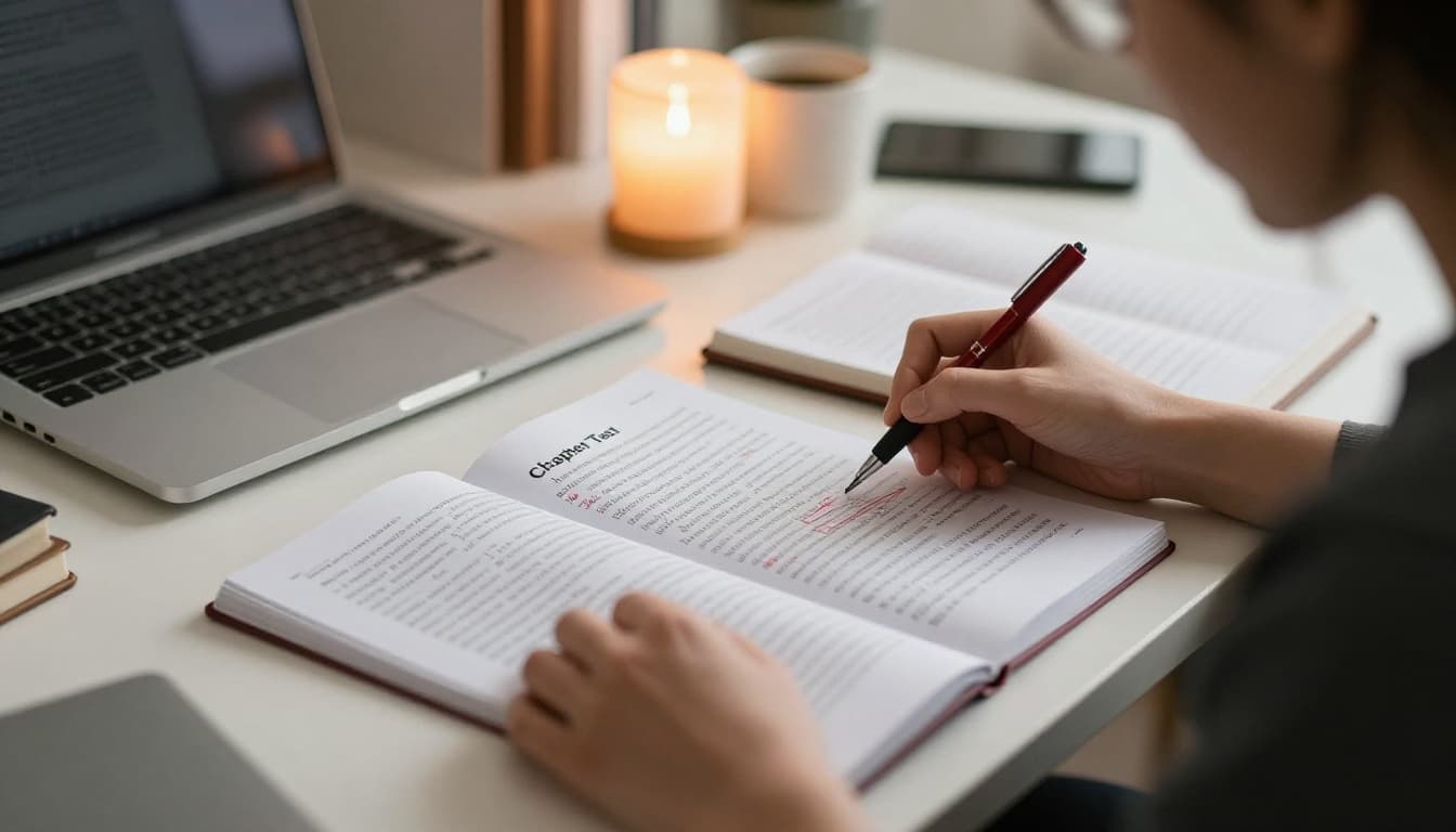 Hyperrealistic image of a female author at her cozy desk, thoughtfully reviewing printed chapter pages with a red pen, notebook open to 'Chapter Test', lamp and coffee nearby.