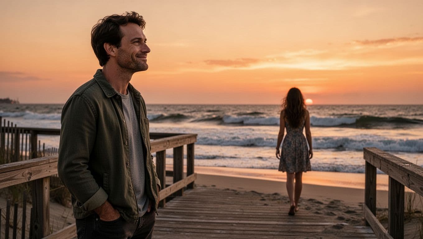 Hyperrealistic image of a man standing on a beach boardwalk at dusk, looking thoughtfully at the ocean with a private smile, while a silhouetted woman walks away unaware in the distance.
