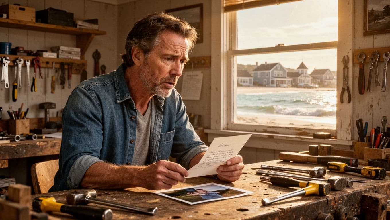 Hyperrealistic image of a mid-40s man in a coastal small town workshop, pausing thoughtfully while looking at a photo or letter on the workbench surrounded by tools, hands relaxed, golden light filtering through a sea-view window, face showing internal conflict and decision-making.
