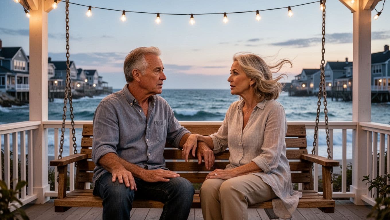 Hyperrealistic image of a middle-aged couple sitting closely on a wooden porch swing overlooking the ocean in a coastal town at dusk, engaged in earnest communication with one thoughtfully repeating back the other's words, relaxed postures, hopeful expressions, and soft string lights.
