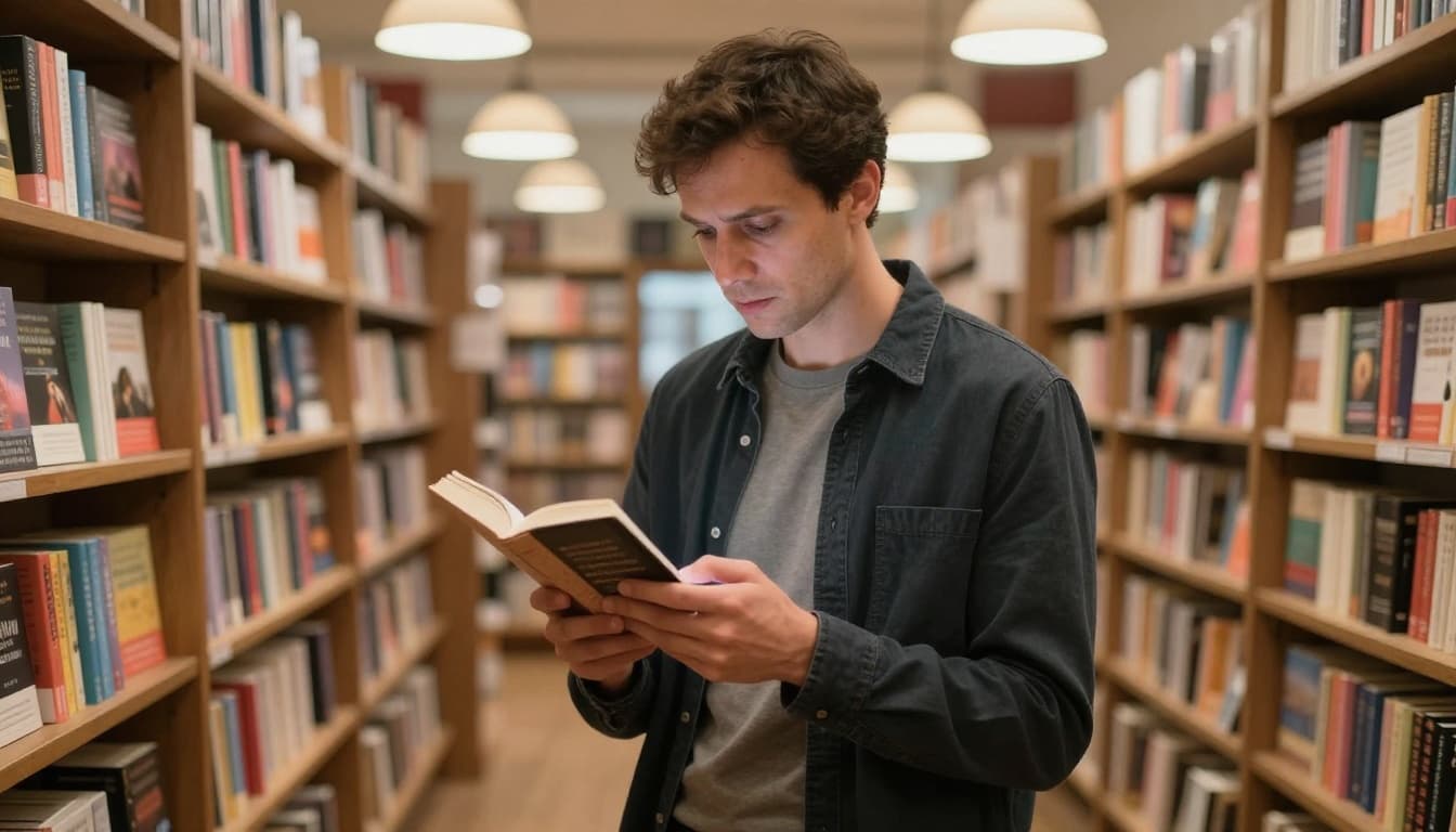 Hyperrealistic, photorealistic image of a person in their 30s or 40s standing in a cozy bookstore aisle, reading a book blurb on their phone screen held at eye level. The scene features soft warm lighting from overhead lamps, wooden floors, blurred colorful paperback covers in the background, and a natural indoor atmosphere focused on the person's thoughtful expression.
