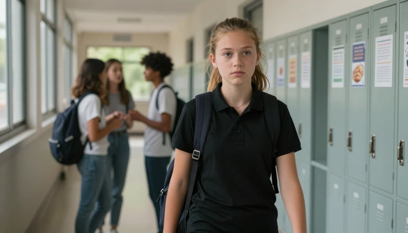 A young teenage girl with a backpack walks thoughtfully through a bustling school hallway, friends chatting in the background amid lockers, posters, and natural daylight from windows.