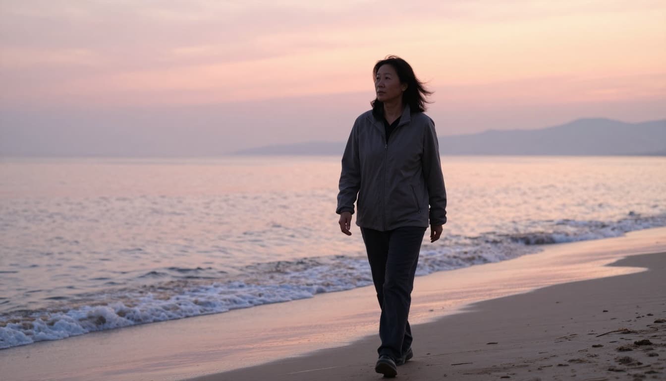 A middle-aged woman walks alone on a sandy beach at sunrise, gentle ocean waves lapping the shore, soft pink and orange sky hues reflecting on the water, her introspective expression with hair blowing in the breeze.