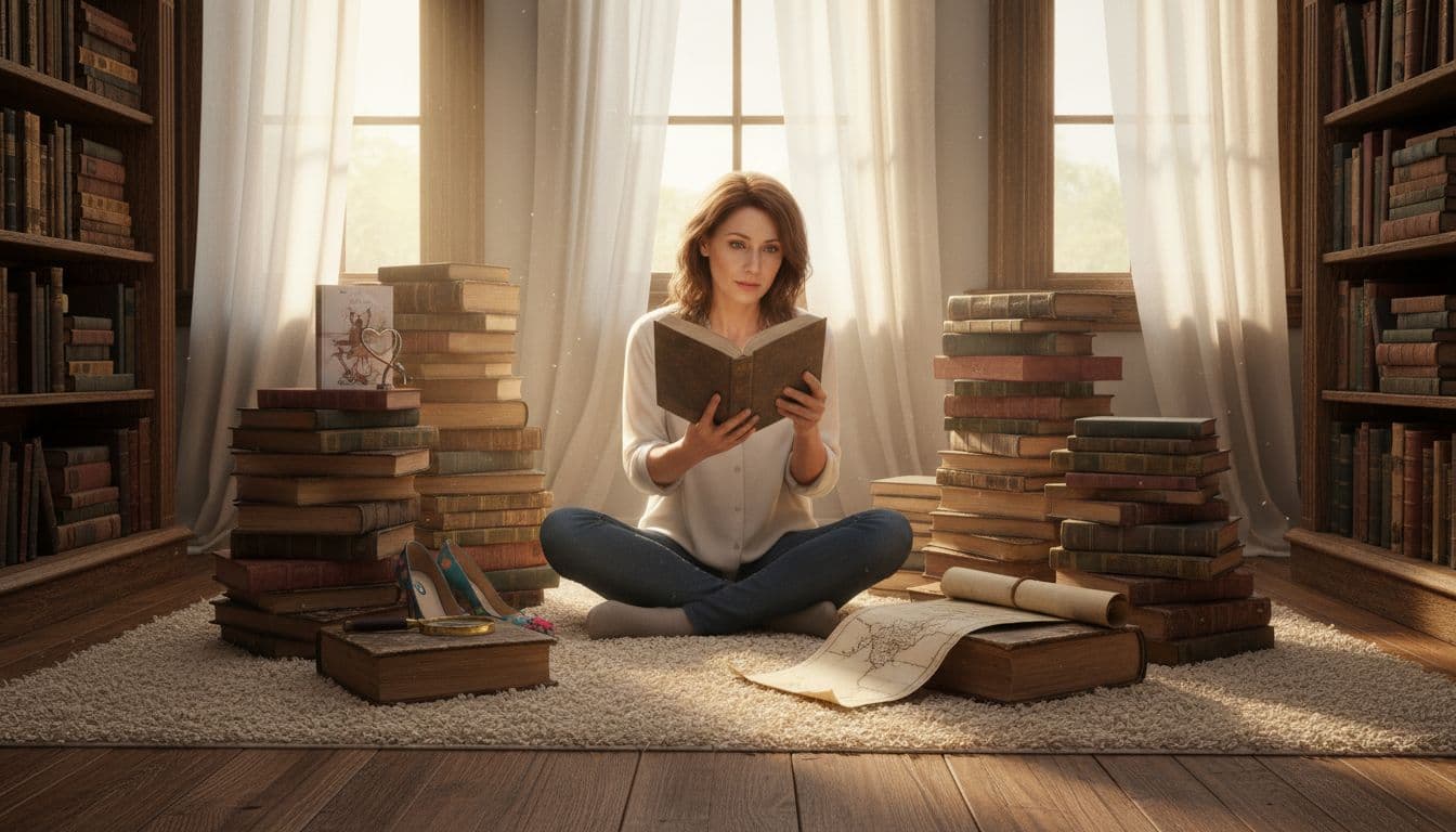 Hyperrealistic cinematic image of a woman in her 40s sitting cross-legged on a plush rug in a cozy sunlit home library, surrounded by stacks of books with subtle genre hints, thoughtfully examining an open book under warm golden hour light.