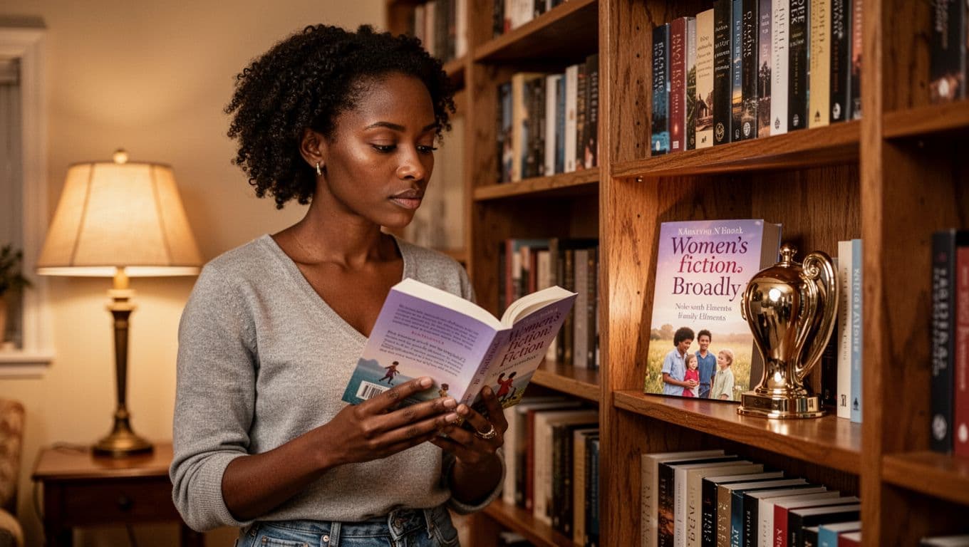 Hyperrealistic image of a diverse woman in casual clothes standing in a cozy home library, holding a women's fiction book while pensively examining a polished version on the wooden shelf under warm lamp light.